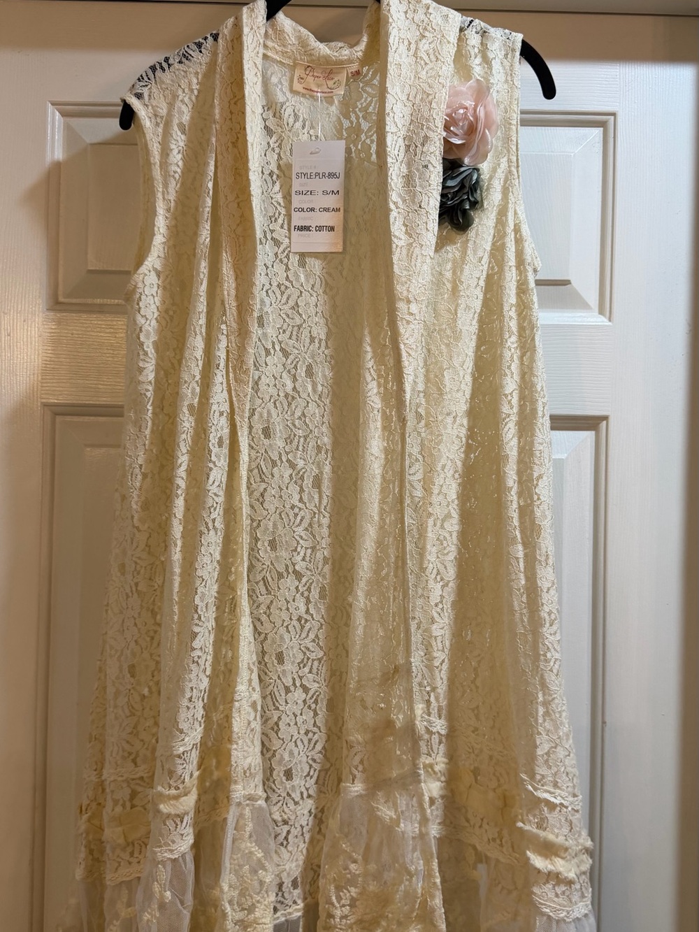 Brand New Paper Lace Cream Lace Duster Vest with Floral Accent NWT Boho